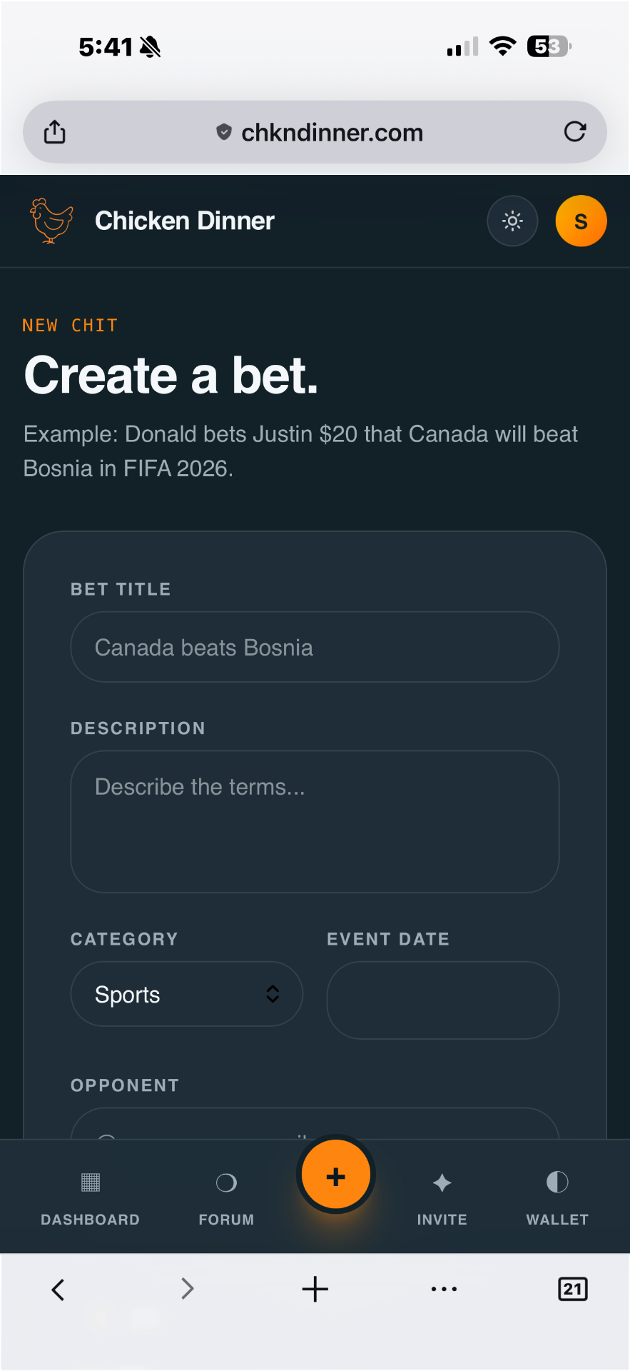 Chicken Dinner app — Create a bet screen